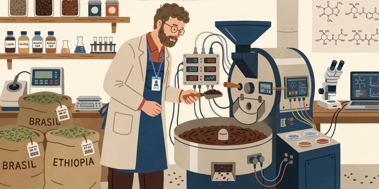 白衣姿の焙煎士が焙煎機の前で豆の状態を確認しているイラスト