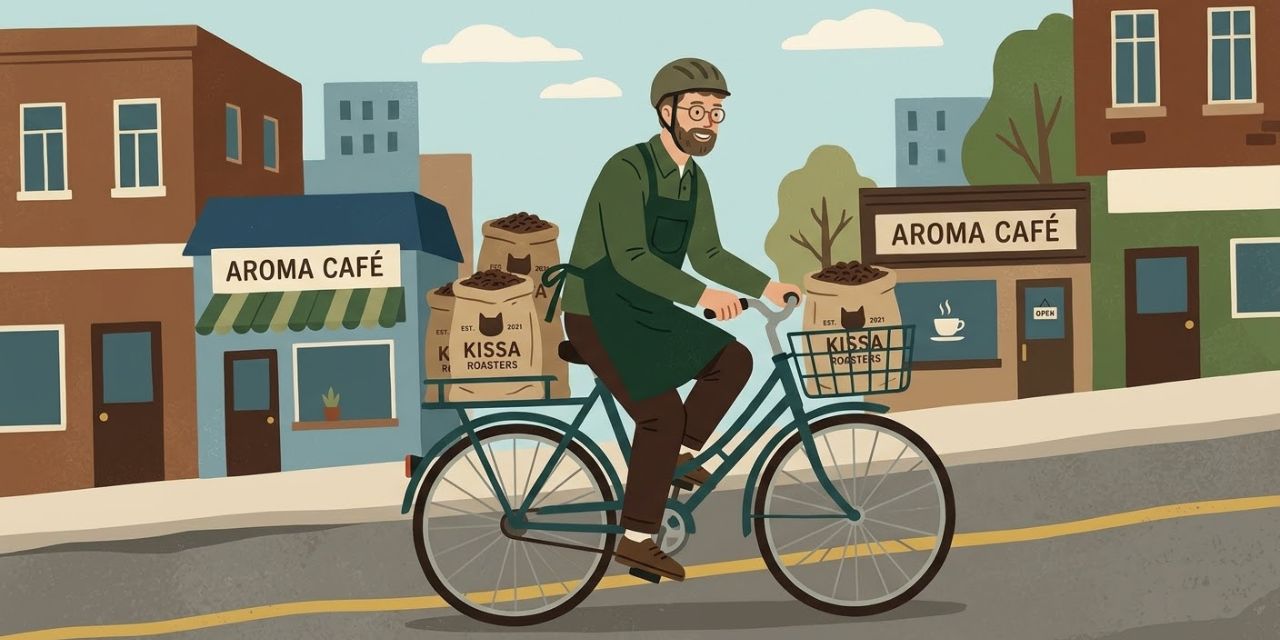自転車でコーヒー豆を配達するイメージ