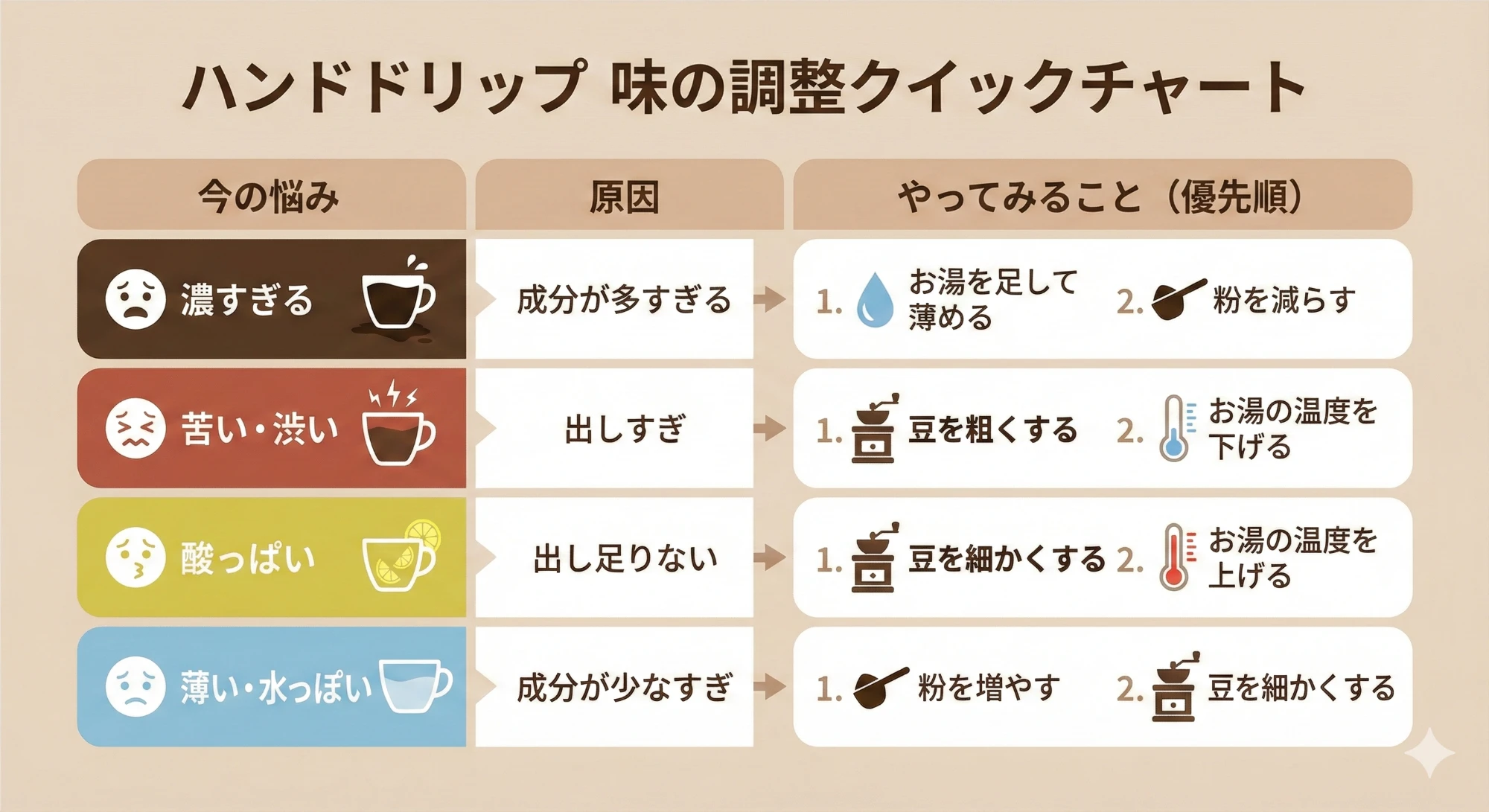 ハンドドリップ 味の調整クイックチャート。濃すぎる場合はお湯を足して薄める・粉を減らす、苦い渋い場合は豆を粗くする・お湯の温度を下げる、酸っぱい場合は豆を細かくする・お湯の温度を上げる、薄い水っぽい場合は粉を増やす・豆を細かくする。